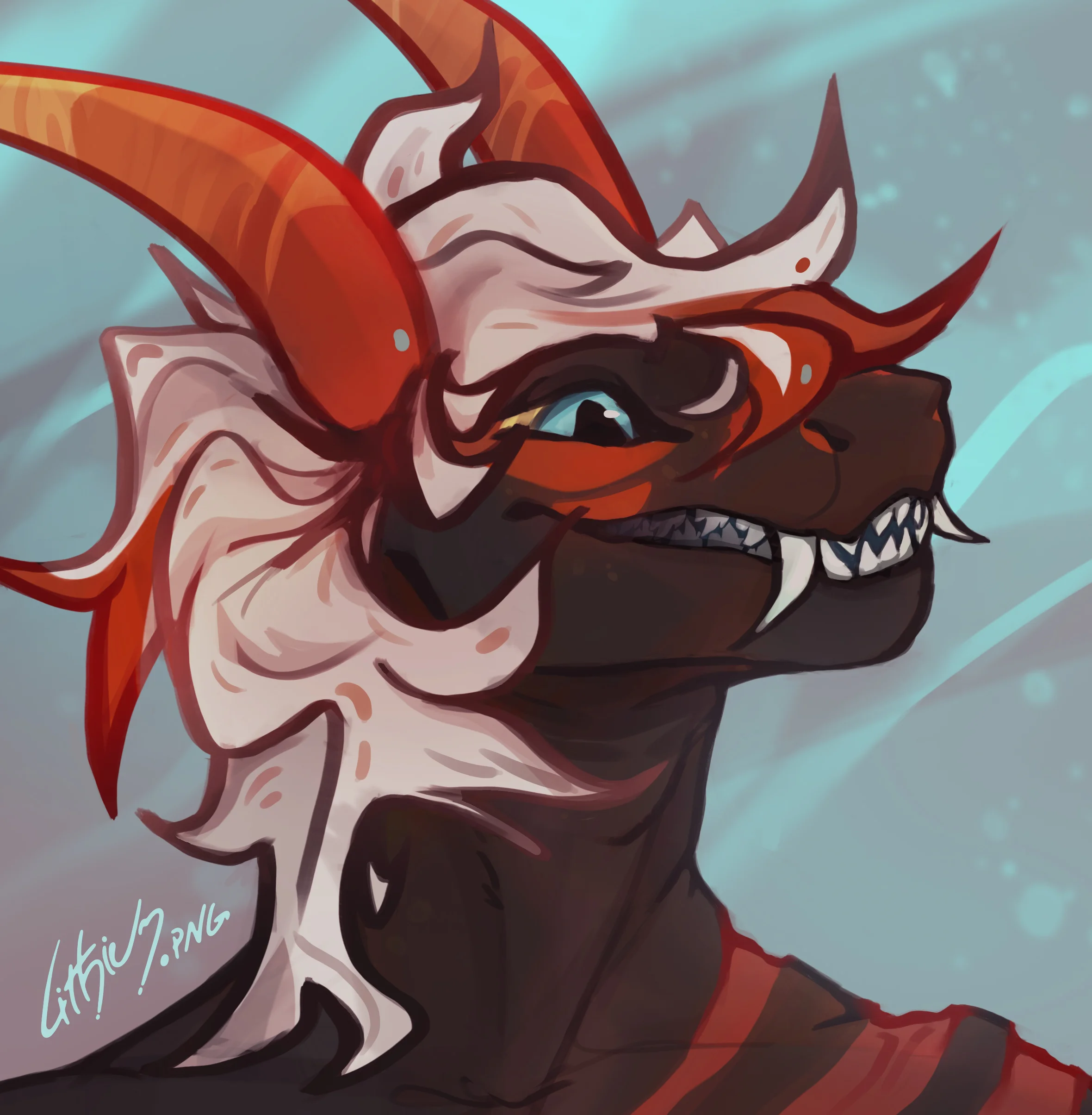 A digital drawing of a badass, dragon-like beast with dark skin, white and red hair, and sharp teeth. It sports big, orange horns and a fierce, intense stare. The backdrop is a swirling mix of blues and grays, giving off a mystical vibe. The style is bold and dynamic.